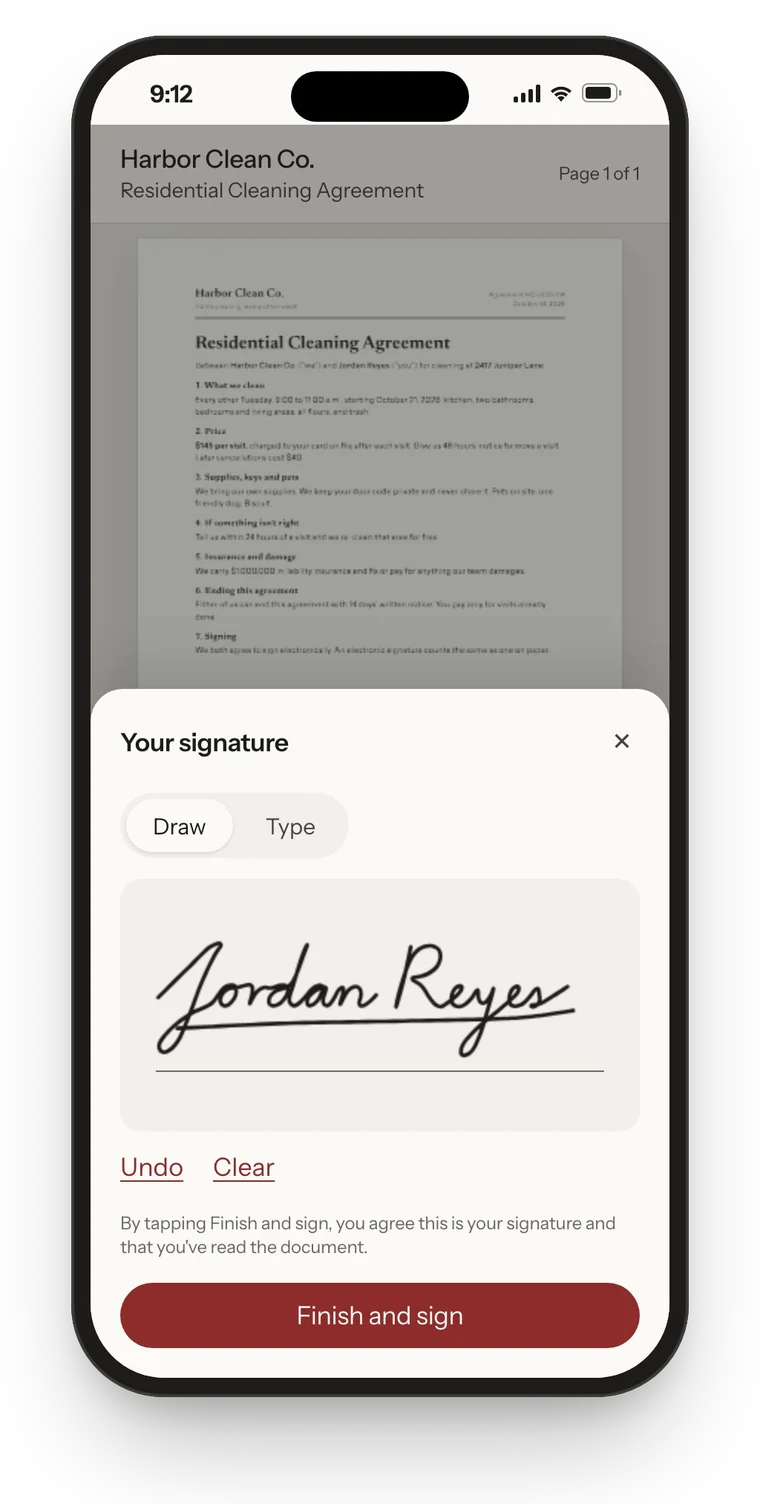 The real EsigIt signing sheet on a phone with Jordan Reyes's signature drawn by finger and a Finish and sign button.