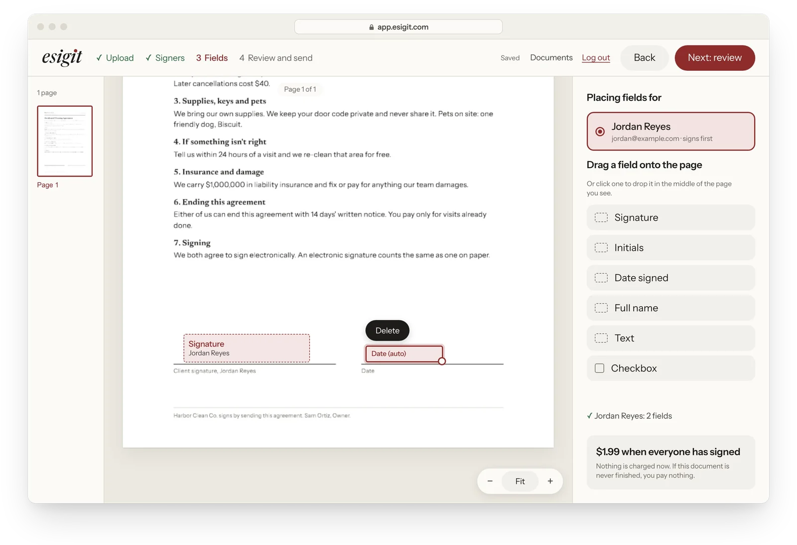 The real EsigIt field editor: a cleaning agreement with a signature field and an automatic date field placed on the client line.