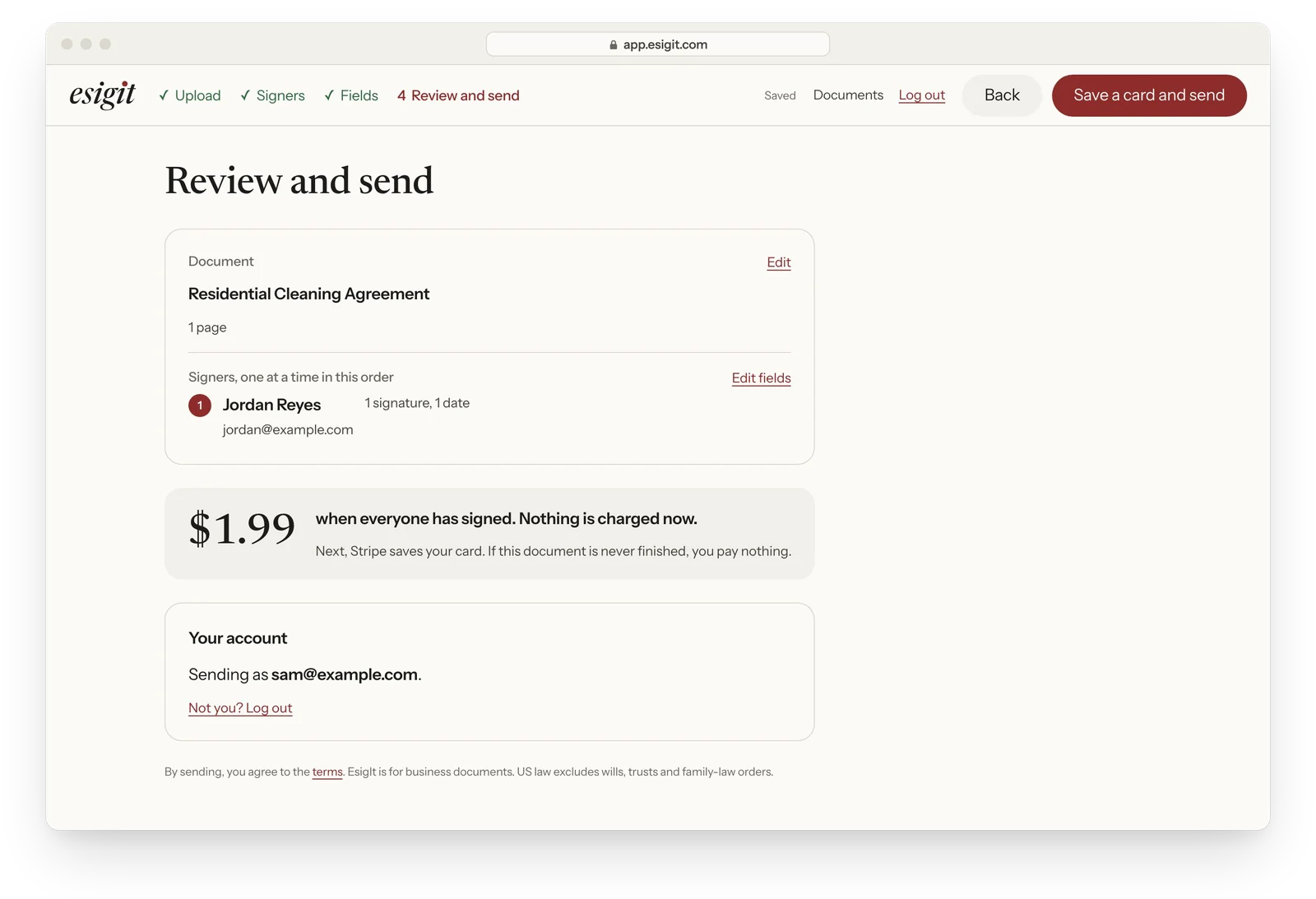 The real EsigIt review screen: the document, the signer, and $1.99 when everyone has signed. Nothing is charged now.