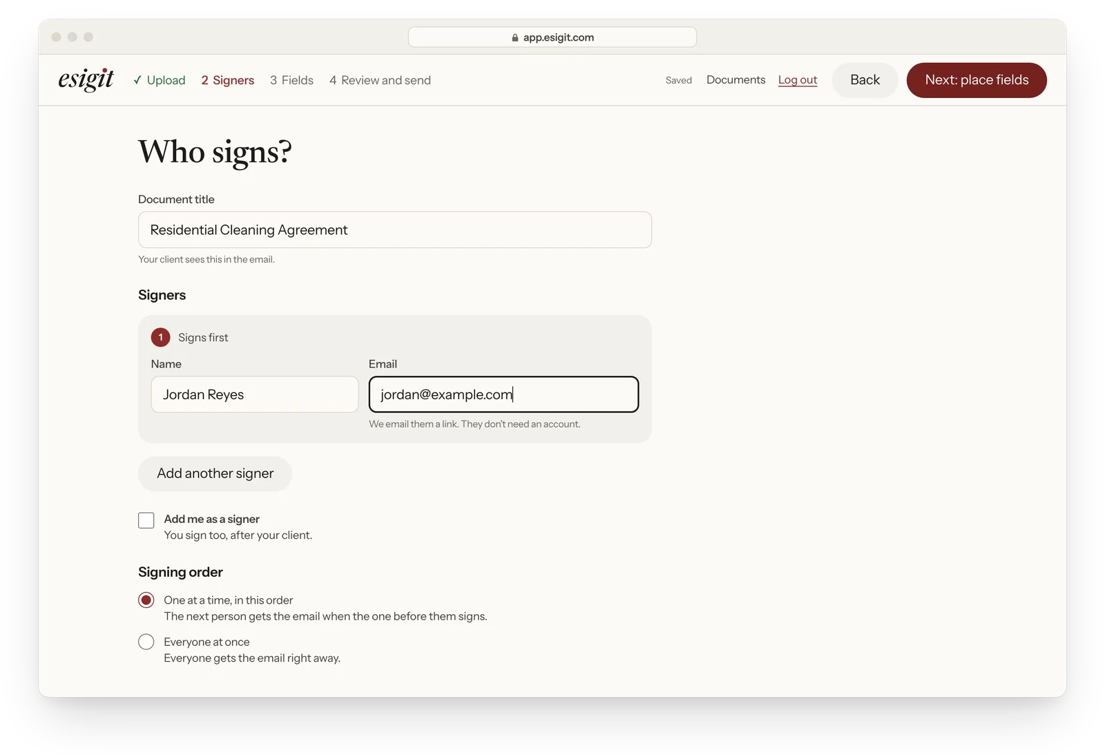 The real EsigIt Who signs? screen with the client Jordan Reyes and their email filled in.