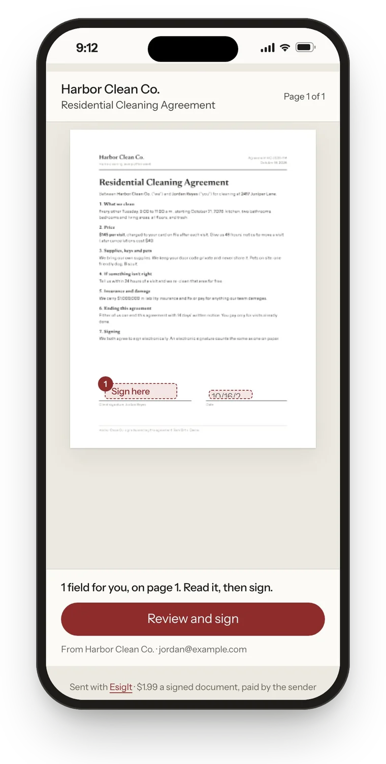 The real EsigIt signing page on a phone: Harbor Clean Co. at the top, the Residential Cleaning Agreement, and a Review and sign button.