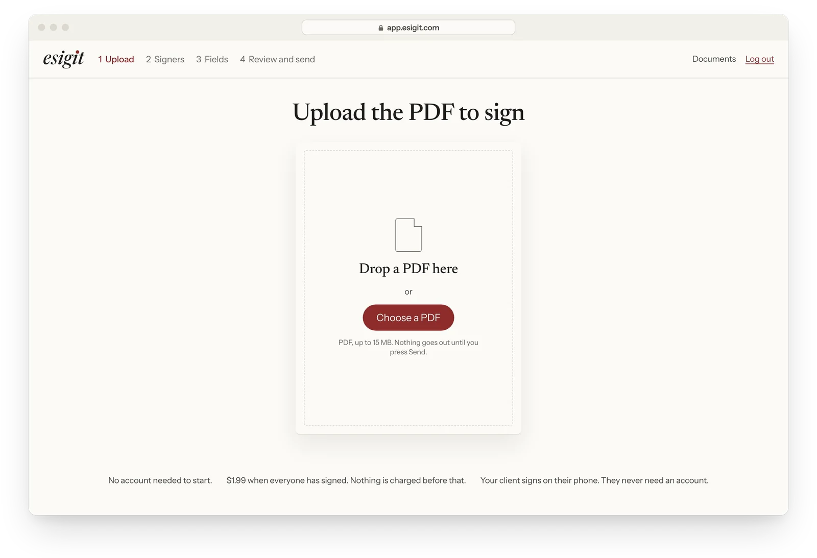 The real EsigIt upload screen: Upload the PDF to sign, with a drop area and a Choose a PDF button.